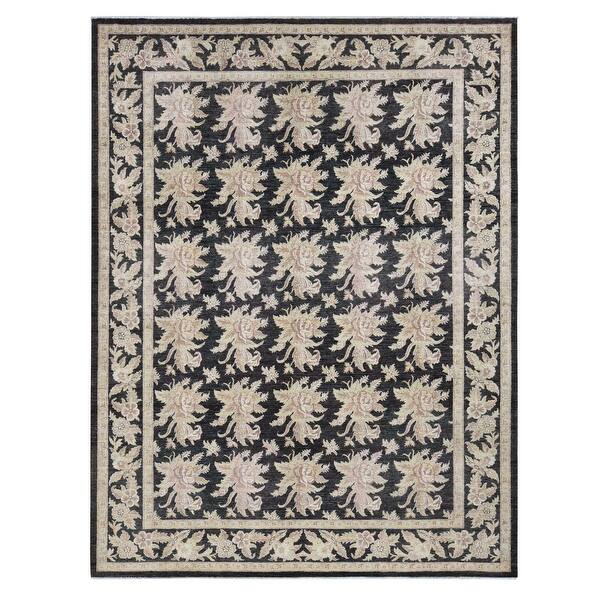 Shahbanu Rugs Walnut Hull Black Dense Weave Fine Peshawar with Flower